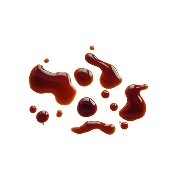 Spilled Soy Souse, Teriyaki Sauce, Oyster Sauce or Balsamic Vinegar Puddles on isolated white background, top view.
