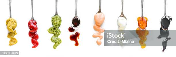 Sauces Assortment Stock Photo - Download Image Now - Spoon, Salad Dressing, White Background