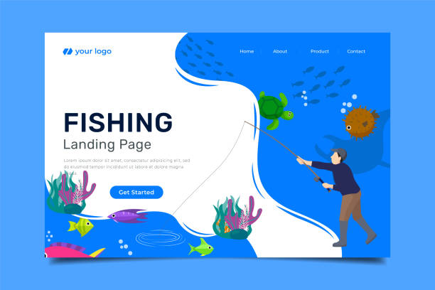 ilustrações de stock, clip art, desenhos animados e ícones de landing page with fisherman and sea background, minimal fish illustration - mobile work