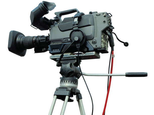 istock TV Professional studio digital video camera on tripod isolated over white 1188153431