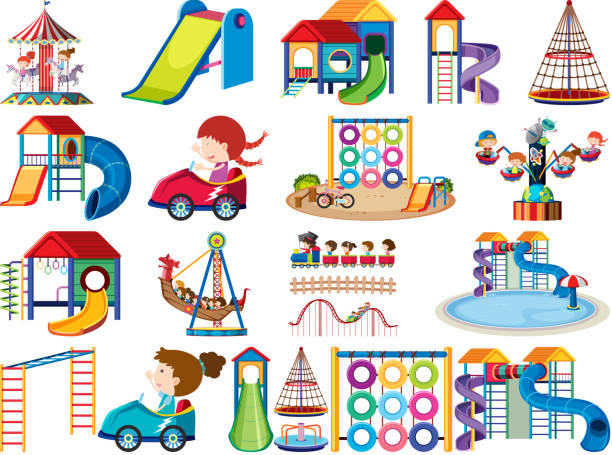Large set of isolated objects of kids and playground Large set of isolated objects of kids and playground illustration jungle gym stock illustrations