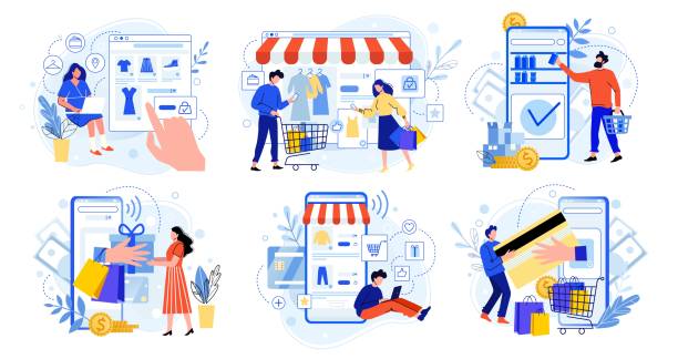 온라인 쇼핑. 인터넷 시장, 모바일 앱 쇼핑 및 사람들은 선물을 구입합니다. 스마트폰 결제 및 의상 판매 플랫 벡터 일러스트 세트. 전자 상거래 개념입니다. 구매자 만화 캐릭터 - shopping stock illustrations