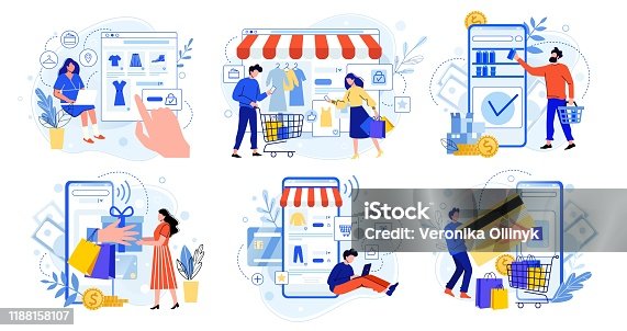 istock Online shopping. Internet market, mobile app shopping and people buy gifts. Smartphone payment and outfit sale flat vector illustration set. E commerce concept. Buyers cartoon characters 1188158107