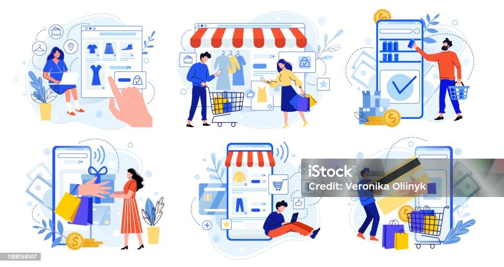 Online shopping. Internet market, mobile app shopping and people buy gifts. Smartphone payment and outfit sale flat vector illustration set. E commerce concept. Buyers cartoon characters Online shopping. Internet market, mobile app shopping and people buy gifts. Smartphone payment and outfit sale flat vector illustration set. E commerce concept. Customers faceless characters Online Shopping stock vector