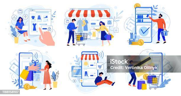網上購物互聯網市場移動應用購物和人們購買禮品智慧手機支付和服裝銷售平面向量插圖集電子商務概念買家卡通人物向量圖形及更多網上購物圖片