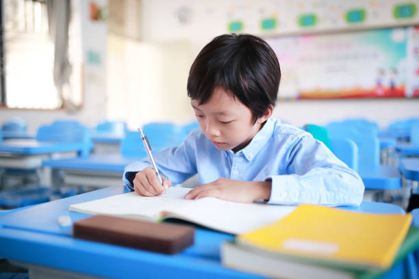 młody chłopak czytając przy biurku w klasie - workbook education school uniform child zdjęcia i obrazy z banku zdjęć