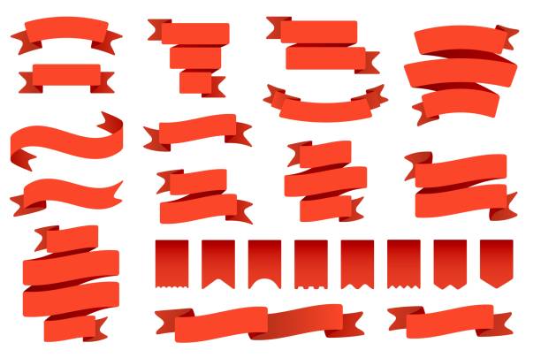 赤いリボンのバナーとフラグ。レトロベンドテープ、ヴィンテージバナーフラッグ、曲線バナー孤立フラットベクターセット。ペナント、ラベル、ストリーマーのコレクション。儀式のバン� - pennant flag party streamer点のイラスト素材／クリップアート素材／マンガ素材／アイコン素材