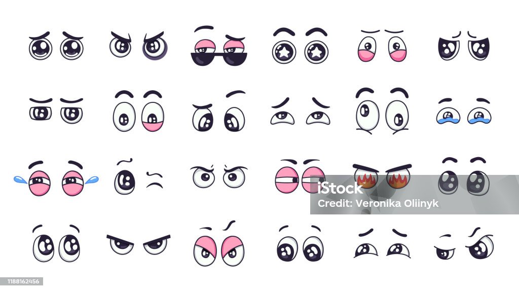 Ilustración de Ojos De Dibujos Animados Comic Ojos De Expresión Divertida  Con Varias Emociones Ojos Llorando Riendo Enojado Y Lindos Ojos Guiños  Aislado Sindicación Vectorial Conjunto Elementos Dibujados A Mano Miradas  Emocionales