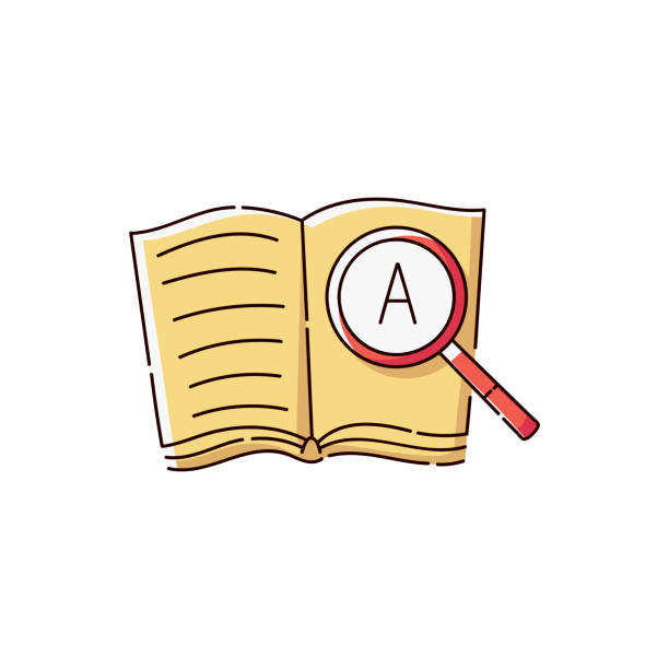 buchsymbol mit lupe mit einem buchstaben, - science book glass document stock-grafiken, -clipart, -cartoons und -symbole