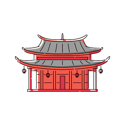 Red Chinese pagoda house icon - traditional oriental culture symbol isolated on white background. Asian temple architecture and famous tourist attraction - flat cartoon vector illustration