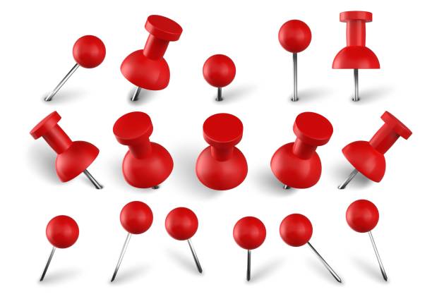 ilustrações de stock, clip art, desenhos animados e ícones de realistic red push pins. attach buttons on needles, pinned office thumbtack and paper push pin vector set. stationery items. paperwork equipment. school accessories collection on white background - tachinha