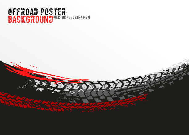 Vector automotive banner template Vector automotive banners template. Grunge tire tracks backgrounds for landscape poster, digital banner, flyer, booklet, brochure and web design. Editable graphic image in black, grey, red colors off road vehicle stock illustrations