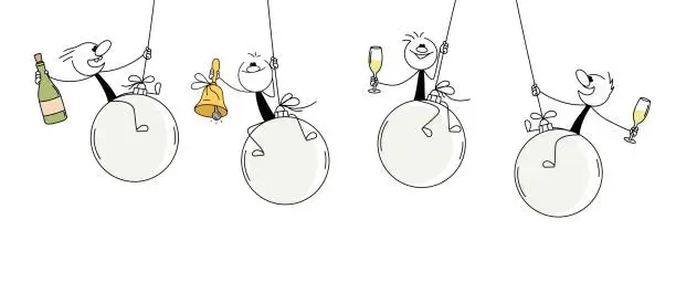 Vector illustration of Doodle stick figure: Little men sit on a Christmas Ball with Champagne Bottle, Bell, Wineglass.