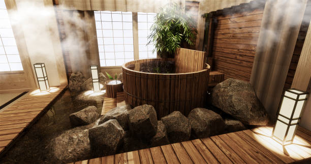 interior de la habitación onsen con baño de madera y decoración de madera estilo japonés.3d renderizado - baños térmicos fotografías e imágenes de stock