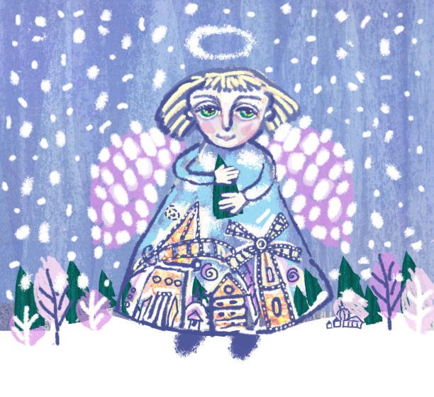 istock Angel with Christmas tree in hands on winter landscape background. 1188169931
