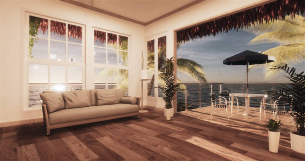 Sea view living room in modern beach summer home. 3D rendering