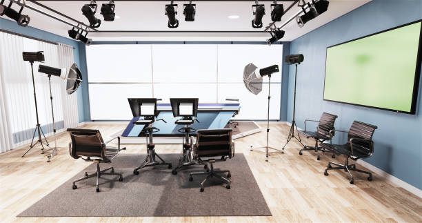 istock News studio blue room design Backdrop for TV shows.3D rendering 1188170954