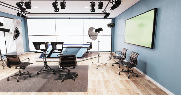 istock News studio blue room design Backdrop for TV shows.3D rendering 1188171105