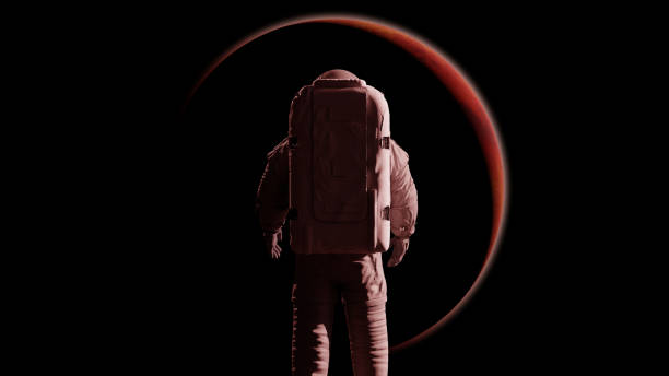 standing astronaut in front of planet Mars artist impression of a spaceman standing in front of the red planet at sunrise mars stock pictures, royalty-free photos & images
