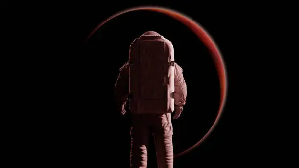 artist impression of a spaceman standing in front of the red planet at sunrise