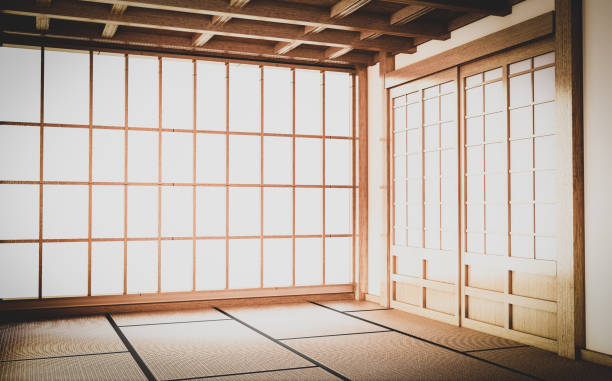 istock Empty yoga room inteior with tatami mat floor.3D rendering 1188173283