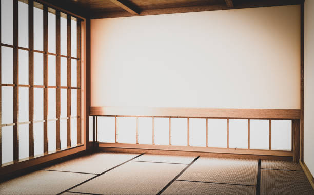 istock Empty yoga room inteior with tatami mat floor.3D rendering 1188173403