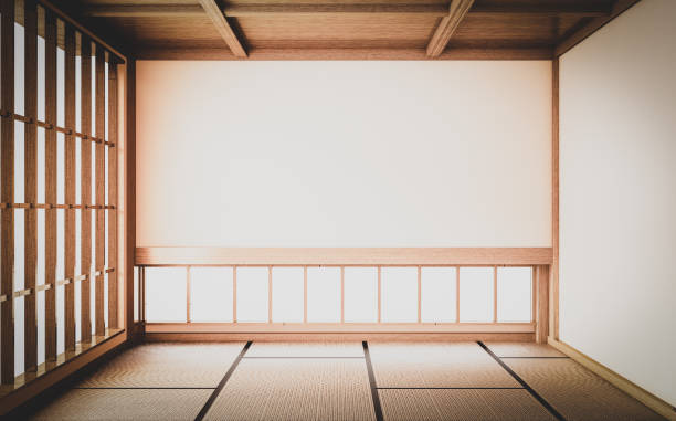 istock Empty yoga room inteior with tatami mat floor.3D rendering 1188173428