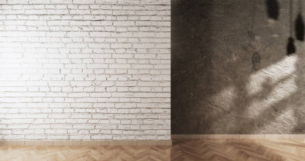 白いレンガとコンクリートの壁設計ロフトスタイルを持つ空のロフトスタイル.3dレンダリング - loft apartment design studio office studio ストックフォトと画像