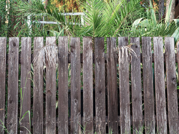 istock Old low and painted fence on a cloudy day front view 1188174203