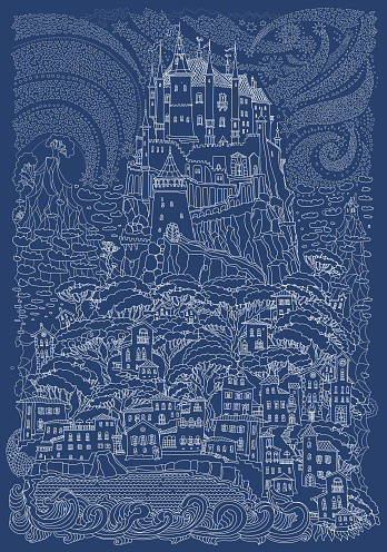 Fantasy landscape. Fairy tale castle on a hill. Fantastic mountain, clouds, pine trees, sea wave. Flying stars. T-shirt print. Album cover. Christmas, New Year vintage card. Indigo blue and white