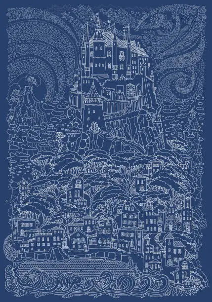 Vector illustration of Fantasy landscape. Fairy tale castle on a hill. Fantastic mountain, clouds, pine trees, sea wave. Flying stars. T-shirt print. Album cover. Christmas, New Year vintage card. Indigo blue and white