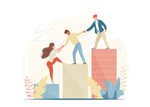 People help and grow together. Business woman and man climb up ladder. Teamwork concept illustration isolated on white background People help and grow together. Business woman and man climb up ladder. Teamwork concept illustration isolated on white background. assistance stock illustrations