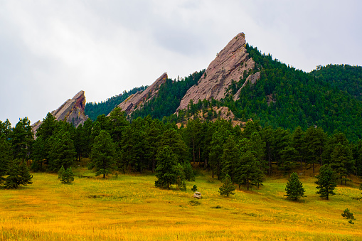 beautiful image of the Flatirons dark granite mountains from below with green and yellow lawns, in Chautauqua Park in Boulder Colorado