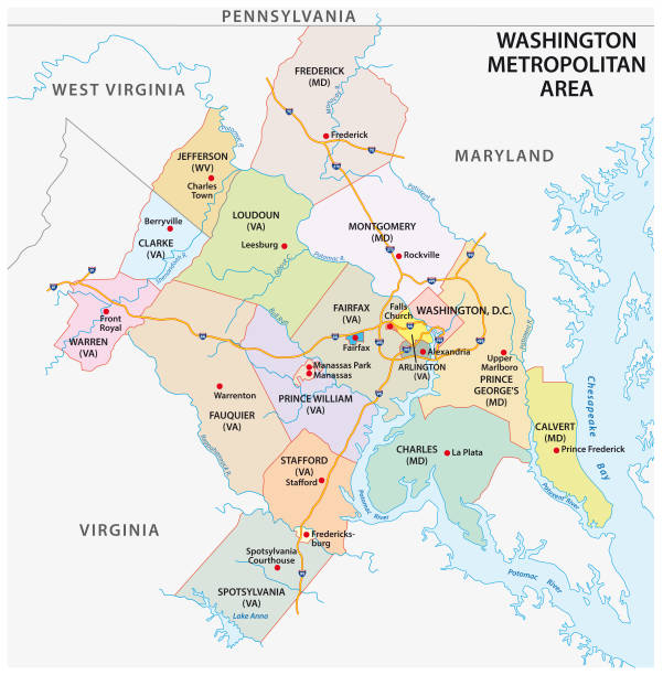워싱턴 dc 메트로폴리탄 지역의지도는 워싱턴 dc에 본사를 둔 대도시 지역입니다 - washington dc stock illustrations