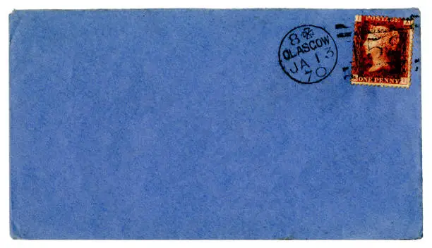 Photo of Blue envelope with Queen Victoria 'Penny Red' stamp, posted in Glasgow in 1870
