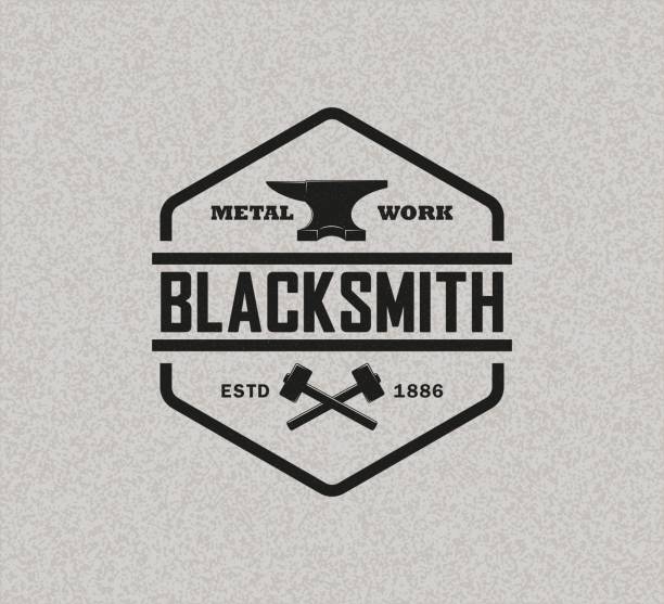 vektor-illustration von amboss hammer und text auf hintergrund mit textur. professionelle metallbearbeitung - blacksmith stock-grafiken, -clipart, -cartoons und -symbole