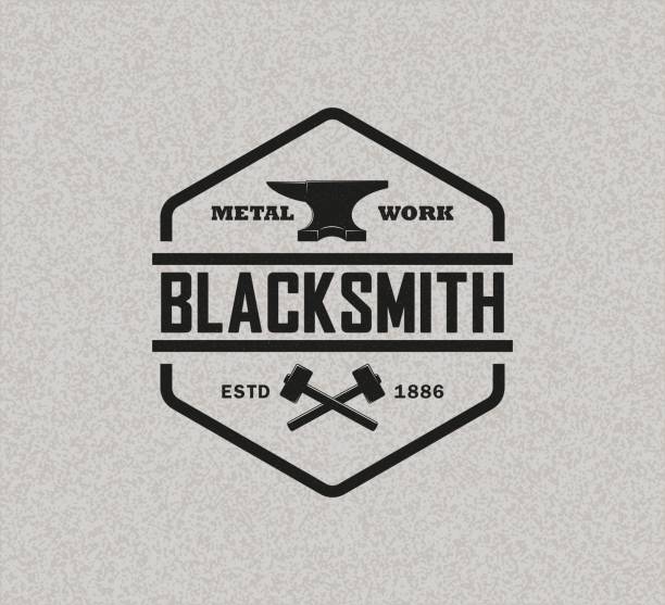 Vector illustration of anvil hammer and text on background with texture. Professional metal work Color illustration of a blacksmith logo on a background with texture. iron element symbol stock illustrations