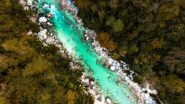 istock Emerald Soca River in Soca Valley, Slovenia. Aerial Drone Top Down view 1188190514