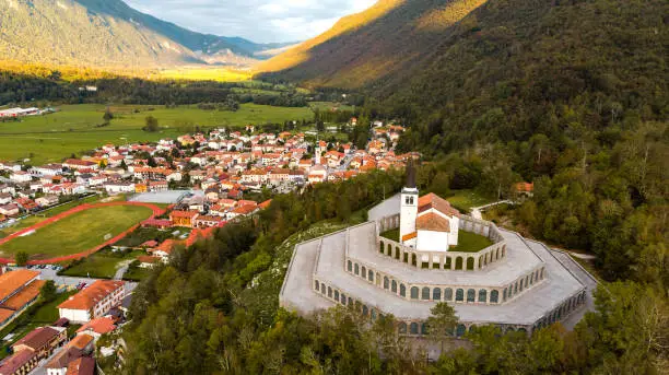St Anton Church and Kobarid Ossuary, Caporetto Memorial from First World War. Aerial Drone View