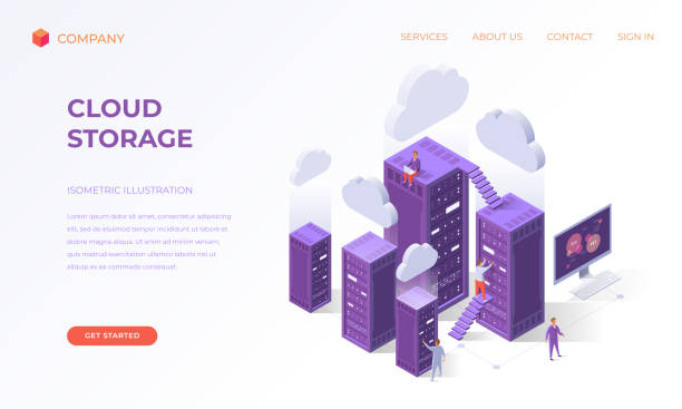 Landing page for cloud data storage Website landing page, promotion poster, flyer or brochure concept for cloud data storage, isometric vector illustration isometric cloud server stock illustrations