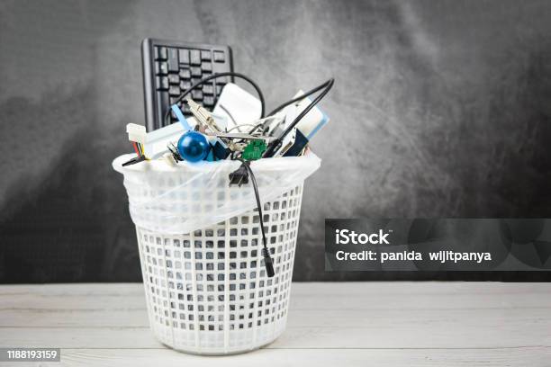 Electronics Waste Bin Concept Garbage Electrical Waste Ready For Recycling Old Devices Ewaste Disposal Management Reuse Recycle And Recovery Stock Photo - Download Image Now