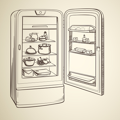 Sketch illustration of retro refrigerator with groceries on background in sepia style