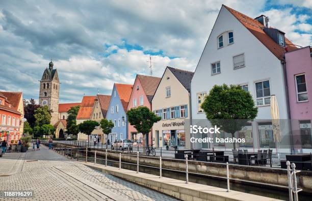 Street With A Canal In Memmingen Germany Stock Photo - Download Image Now - Memmingen, House, Paving Stone