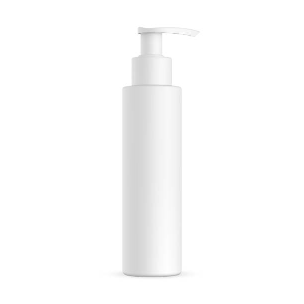 흰색 배경에 격리 된 프레스 펌프 모형이있는 빈 화장품 병 - liquid soap moisturizer bottle hygiene stock illustrations