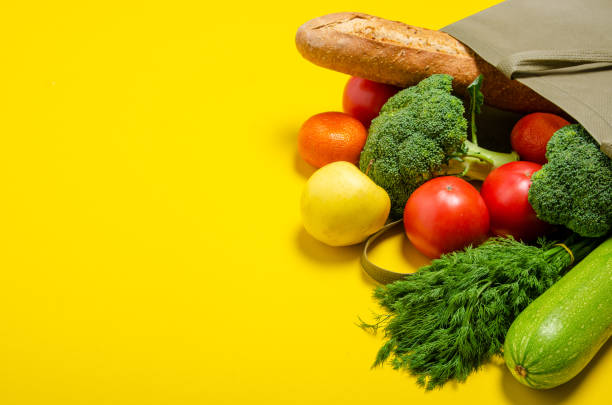 istock Food vegetable, bread, fruit in eco grocery bag 1188199817
