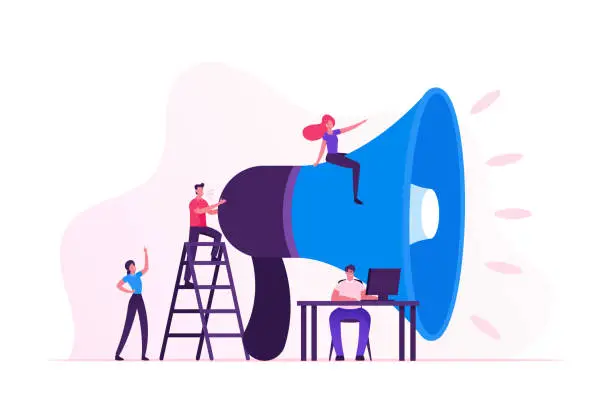 Vector illustration of Social Marketing Concept. Men and Women Characters Promoting Online in Social Network Using Laptop and Huge Megaphone. Public Relations and Affairs, Communication, Pr. Cartoon Flat Vector Illustration