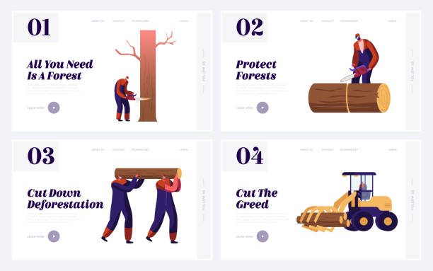 로거 전문 직업, 작업 웹 사이트 방문 페이지 세트. 목재 잭 나무 로그, 삼림 벌채 웹 페이지 배너에서 작업 하는 직원. 만화 플랫 벡터 일러스트 - axe tree cutting deforestation stock illustrations