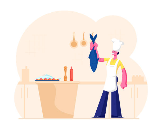 ilustrações de stock, clip art, desenhos animados e ícones de housewife or chef cooking seafood meal. young woman in white toque and apron holding big fish for tail on restaurant or home kitchen prepare menu for foodies or family cartoon flat vector illustration - food dinner prepared fish gourmet