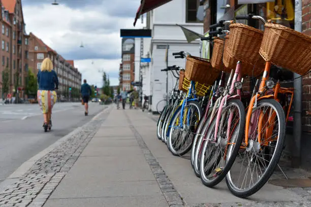 Photo of row of classic bicycles with baskets