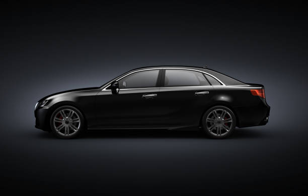 검은 색 배경에 검은 일반 세단 자동차 - 3d 그림 - sedan 뉴스 사진 이미지